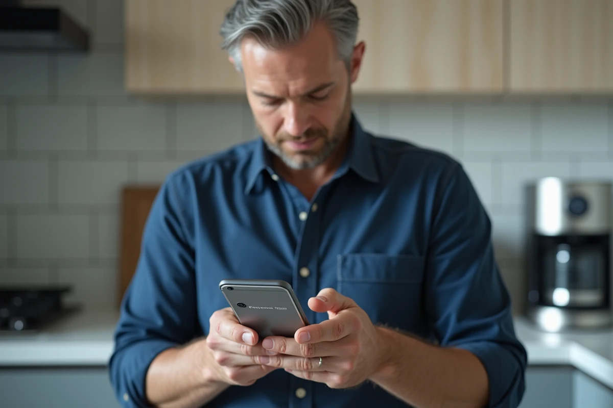 Homme réinitialisant son mot de passe sur l'application Altaya depuis un smartphone en cuisine