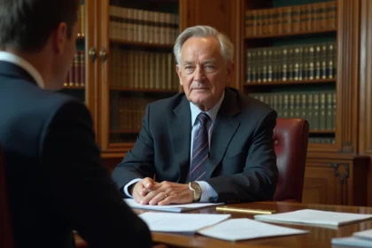 Notaire en rendez-vous avec un client dans un cabinet notarial traditionnel français