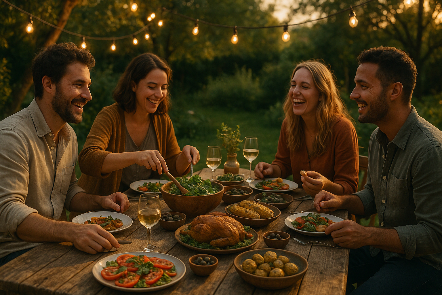 Repas convivial en plein air avec amis et lumière dorée