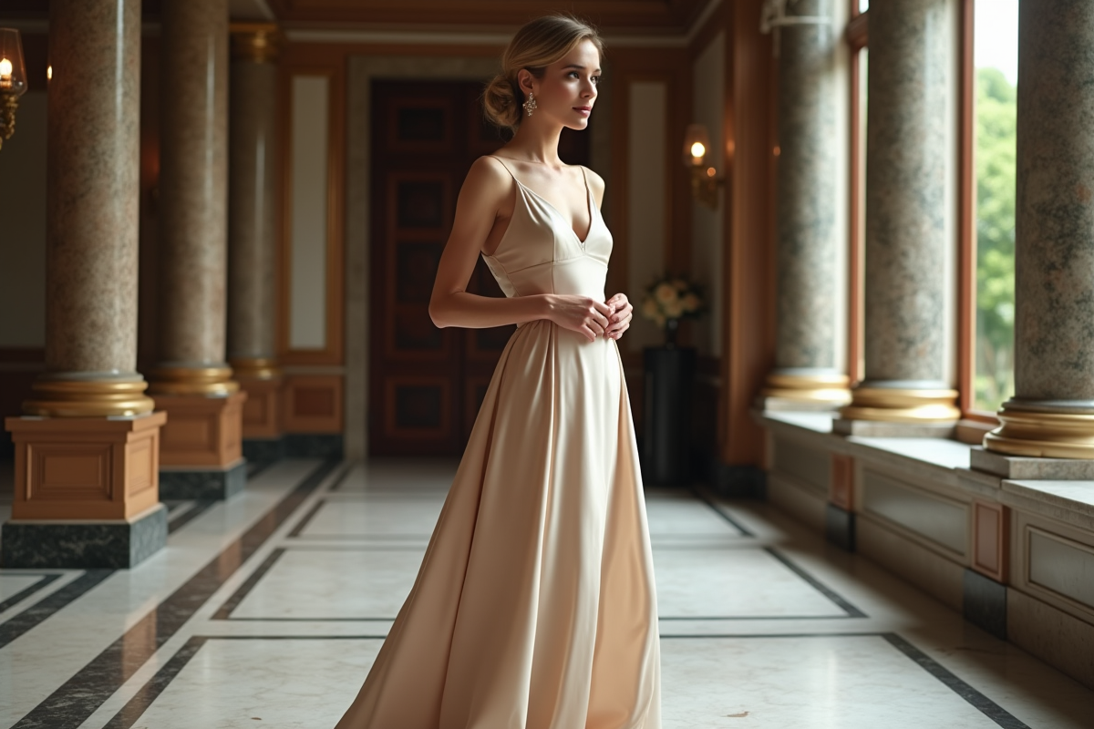 Femme en robe de soie élégante dans un intérieur luxueux