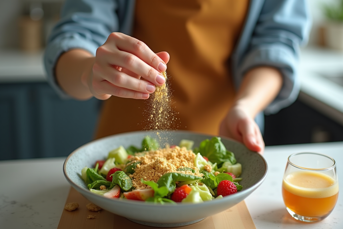 Jeune adulte saupoudrant de la levure de bière sur une salade