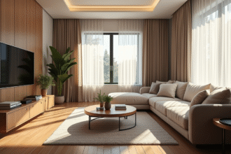 Salon moderne lumineux avec lumière naturelle du matin