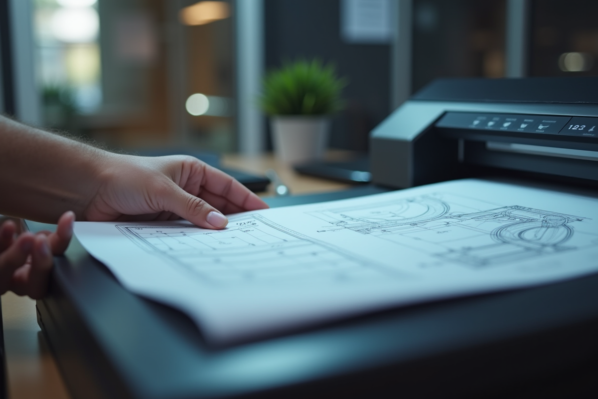 Mains manipulant un dessin technique dans un scanner professionnel