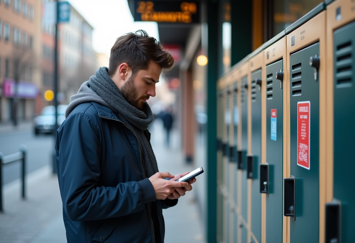 Jeune homme scannant un QR code devant un casier