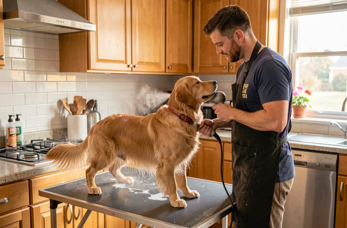 Séchage d'un chien moyen par une toiletteuse à domicile