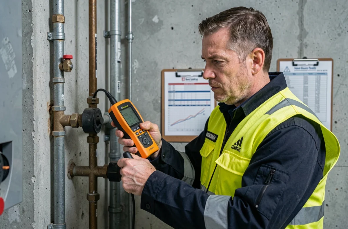 Technicien Securigaz effectuant un contrôle de sécurité gaz dans une cave résidentielle