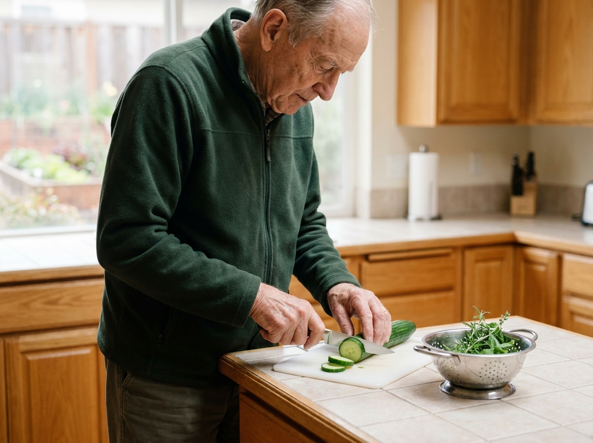 Résident senior d'une maison de retraite préparant des légumes cueillis au potager dans la cuisine commune, favorisant l'appétit et l'autonomie