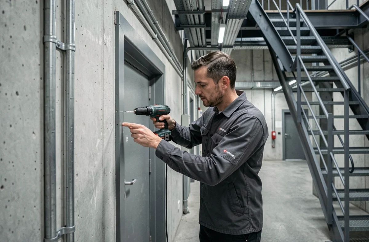 Serrurier Bati Rennes installant une porte blindée dans un bâtiment commercial de Rennes