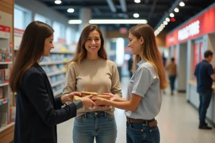 Femme en jeans et pull beige au service colis