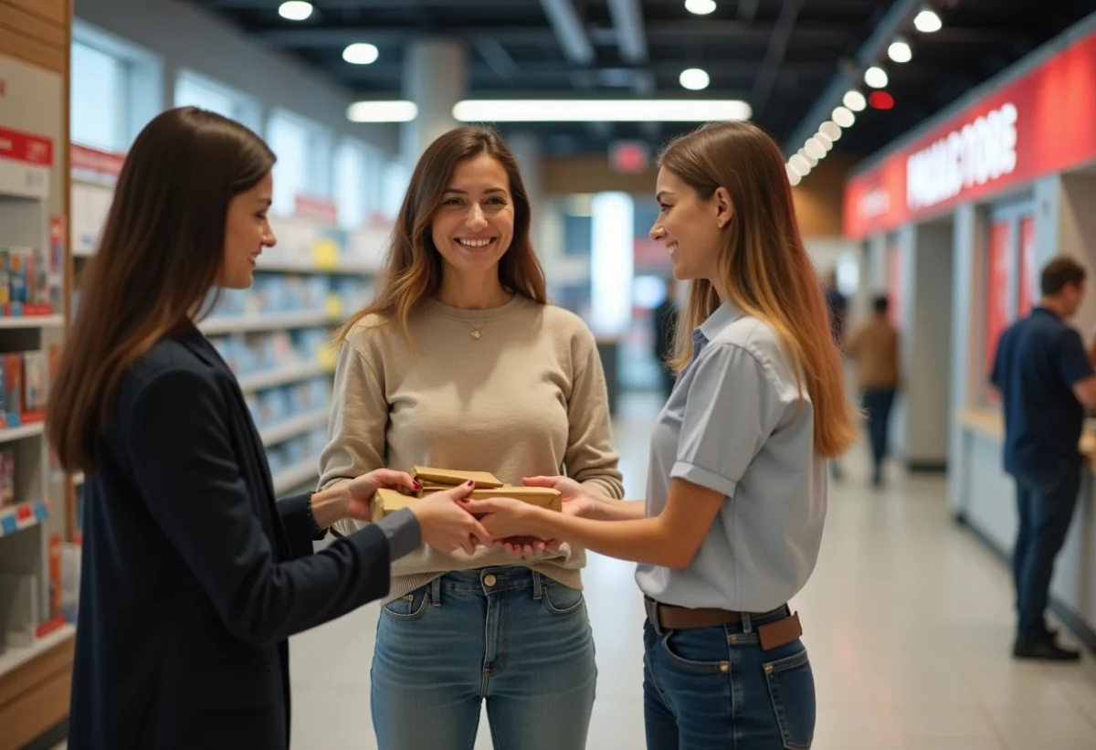 Femme en jeans et pull beige au service colis
