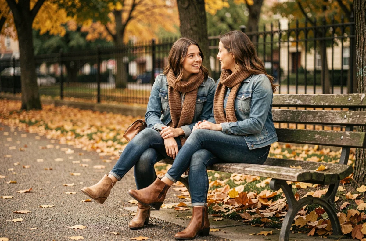 Deux femmes complices assises sur un banc de parc en automne, langage corporel révélateur d'un attachement amoureux