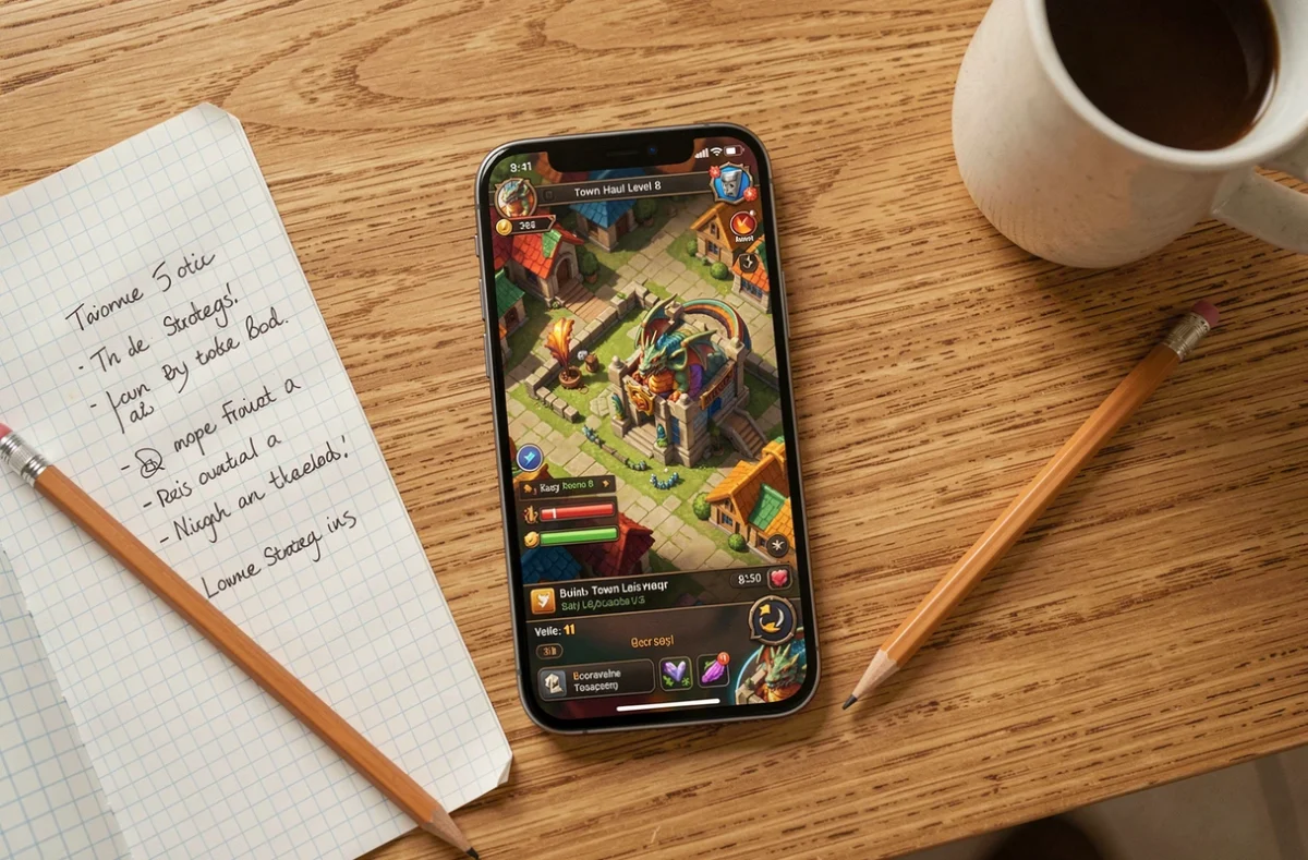 Stratégie de jeu mobile HDV 8 avec composition full dragons notée sur papier quadrillé