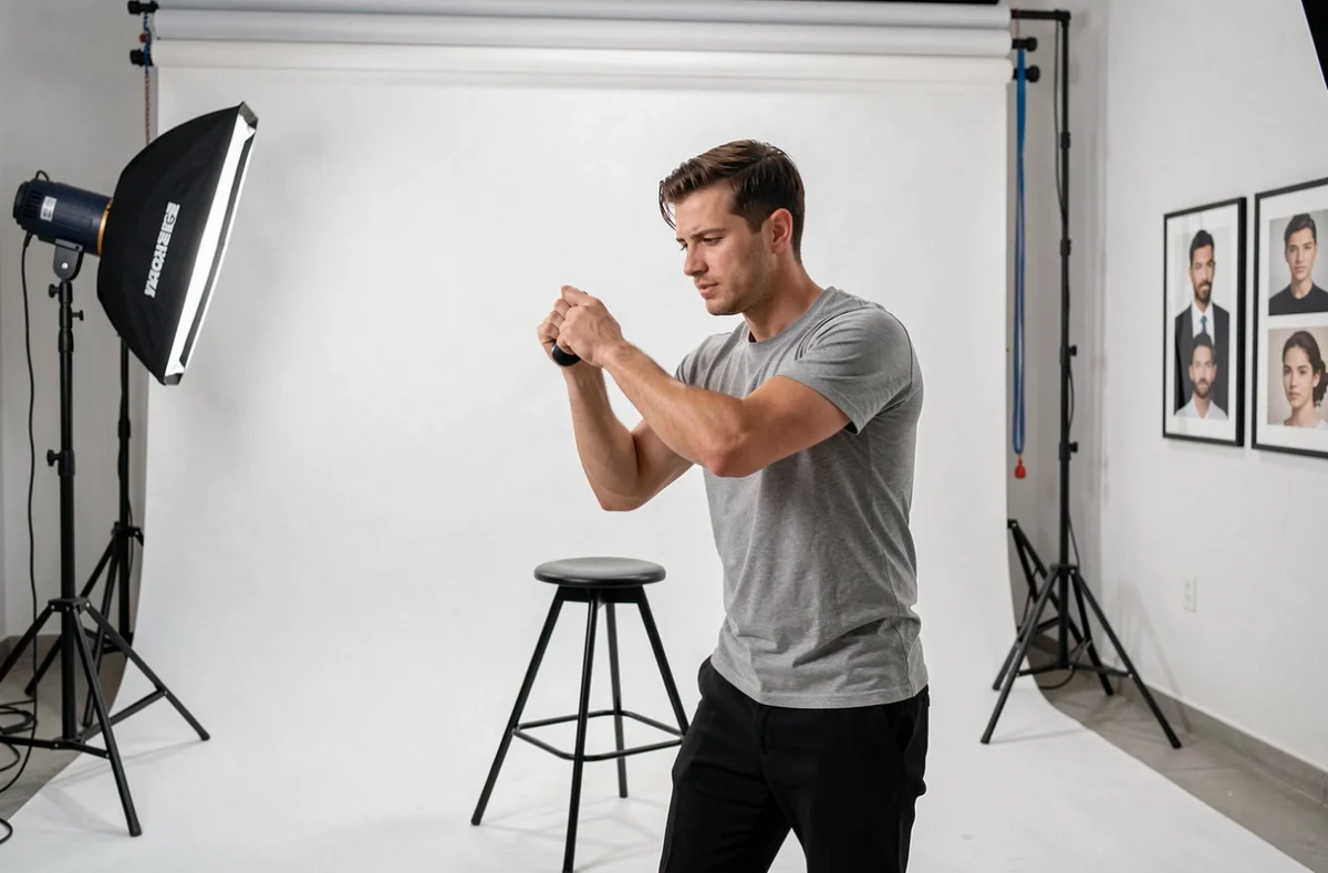 Photographe du Studio Mathieu Geffroy préparant un fond blanc et des équipements photo en studio