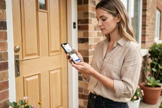 Femme consultant le suivi DPD sur son smartphone devant sa porte d'entrée le jour de la livraison