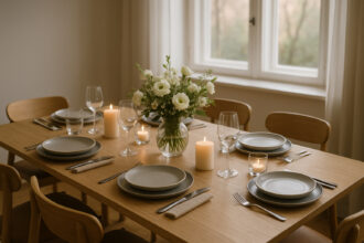 Table moderne élégante pour dîner avec fleurs et lumière naturelle