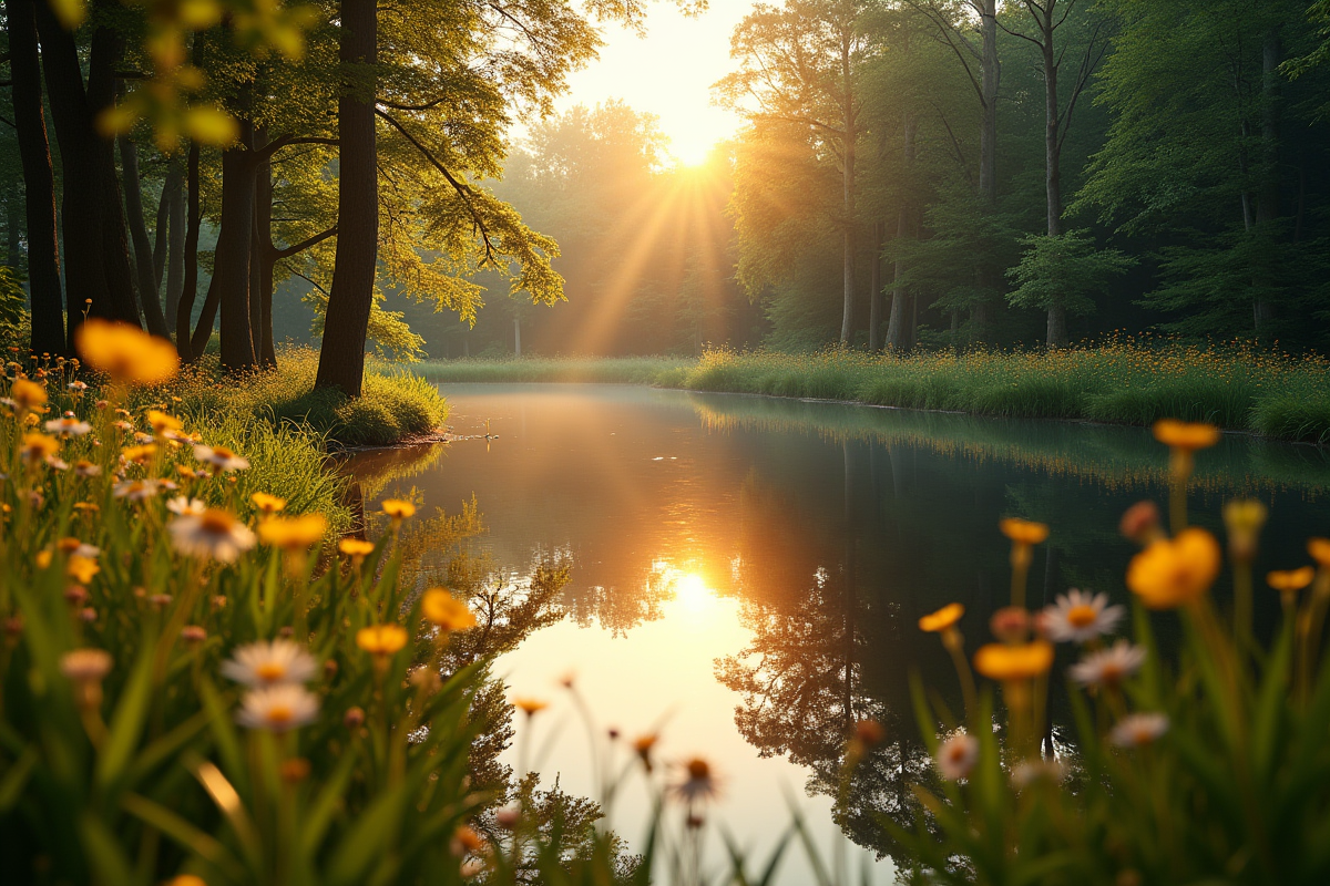 Étang calme bordé de végétation en bois de Montmaur