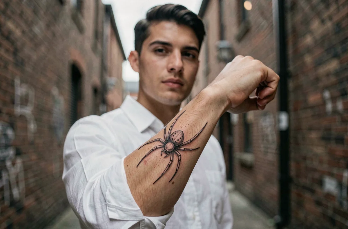 Jeune adulte montrant un tatouage araignée style HxH sur le poignet avec un fond de mur en brique en milieu urbain