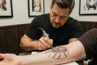 Tatoueur professionnel réalisant un tatouage d'araignée inspiré de l'univers HxH sur l'avant-bras d'un client dans un studio moderne