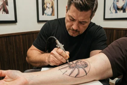 Tatoueur professionnel réalisant un tatouage d'araignée inspiré de l'univers HxH sur l'avant-bras d'un client dans un studio moderne
