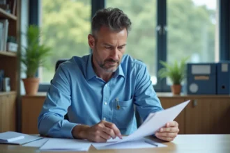 Technicien homme en bureau municipal lisant des documents officiels