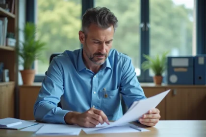 Technicien homme en bureau municipal lisant des documents officiels