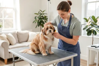 Toiletteuse brossant un petit chien à poil long dans un salon