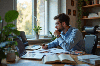 Traducteur professionnel à son bureau moderne avec appareils numériques