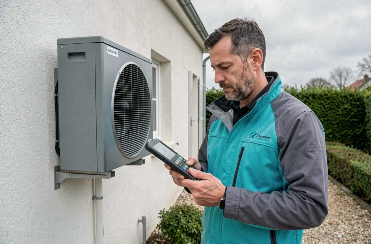 Technicien Turbo Energy inspectant une pompe à chaleur sur la façade d'une maison en Île-de-France