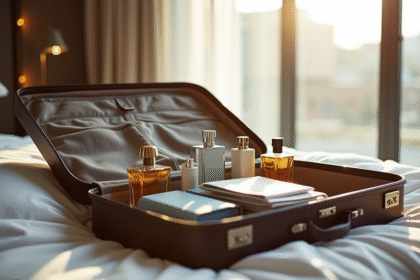 Valise ouverte sur lit d'hôtel en Espagne avec parfums et documents