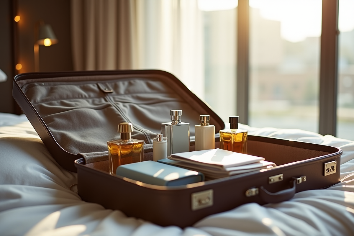 Valise ouverte sur lit d'hôtel en Espagne avec parfums et documents