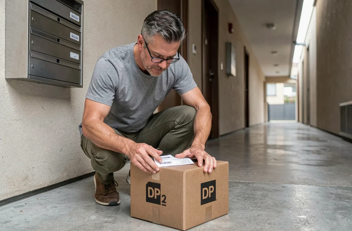 Homme vérifiant l'étiquette d'un colis DPD livré devant l'entrée d'un immeuble