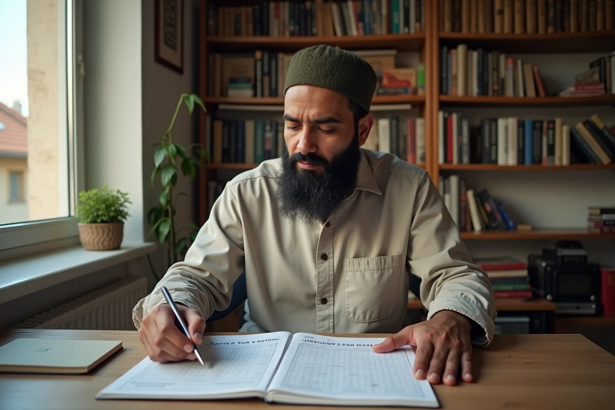 Homme vérifiant la conformité d'un horaire de prière de Montpellier avec un avis religieux dans une bibliothèque personnelle