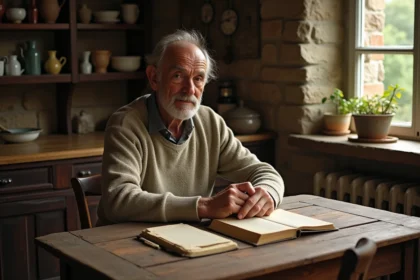 Homme age assis lisant un livre de saints dans une cuisine rustique