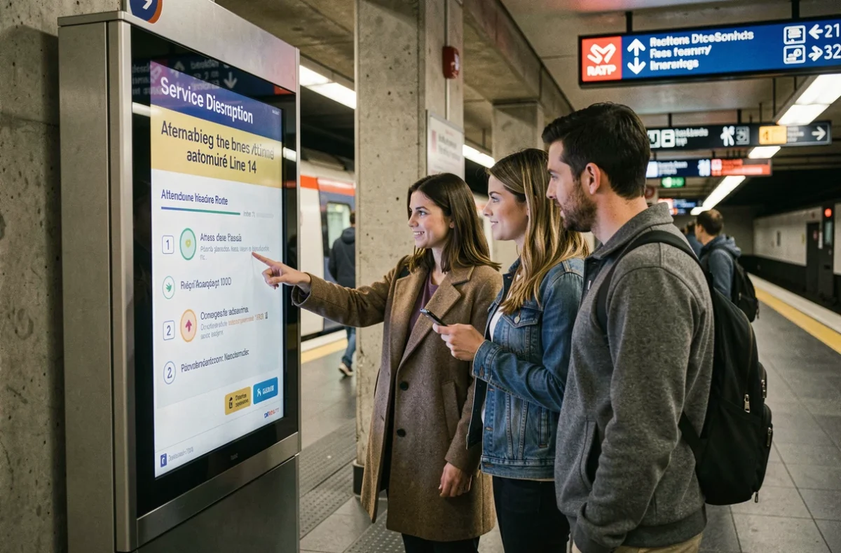 Trois voyageurs consultant un panneau d'information sur les perturbations de la ligne 14 du métro parisien et les itinéraires bis disponibles