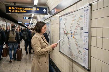 Voyageuse consultant le plan du métro parisien sur un quai du RER B en alternative à la ligne 14 hors service