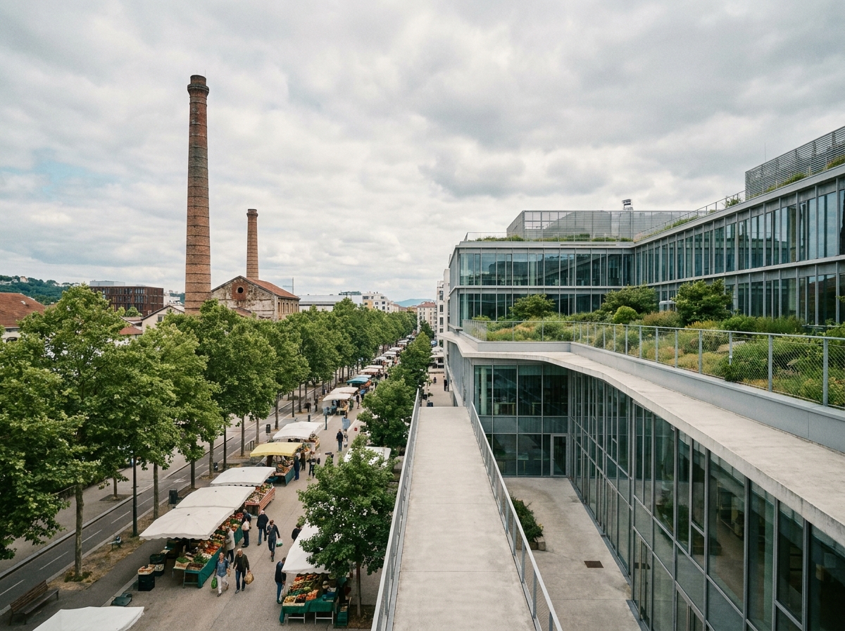 Vue en hauteur du quartier Gerland à Lyon montrant le contraste entre le patrimoine industriel et les nouveaux bâtiments d'innovation, avec un marché de plein air animé