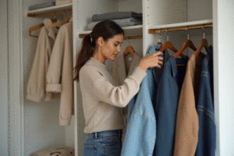 Femme élégante organisant ses vêtements dans un dressing minimaliste