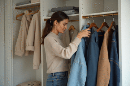 Femme élégante organisant ses vêtements dans un dressing minimaliste